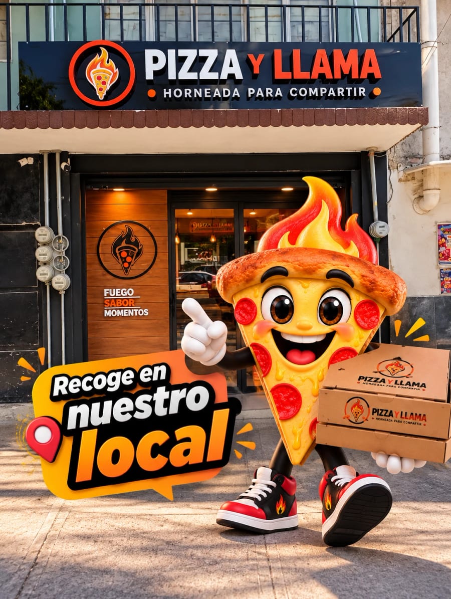 La botarga de Pizza y Llama frente al local con cajas de pizza: Recoge en nuestro local