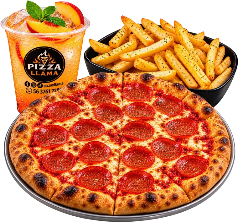 Pizza de pepperoni, papas y soda italiana