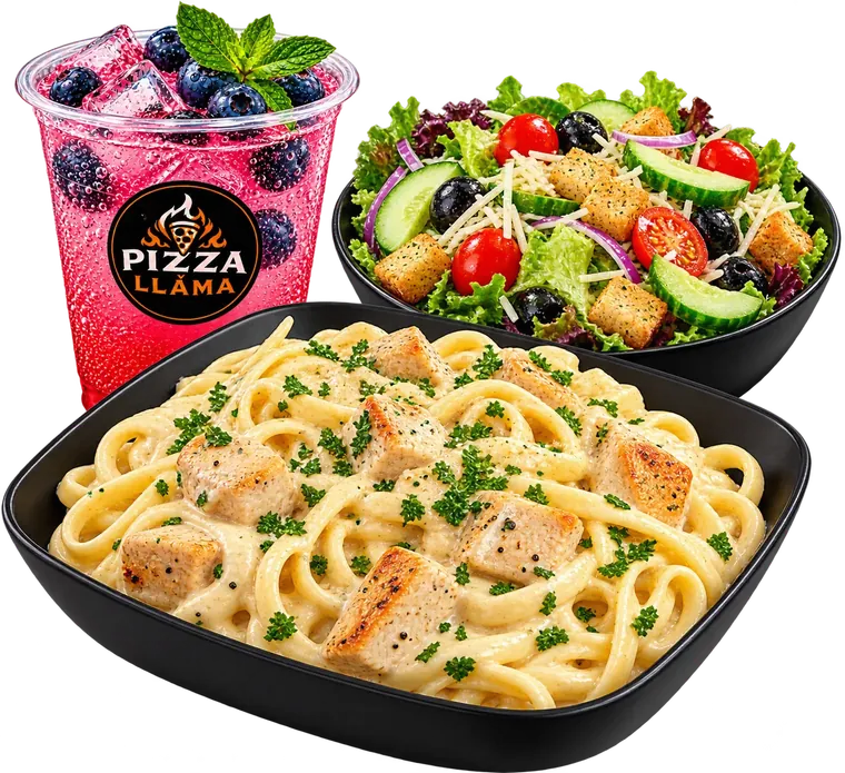Pasta con ensalada y soda