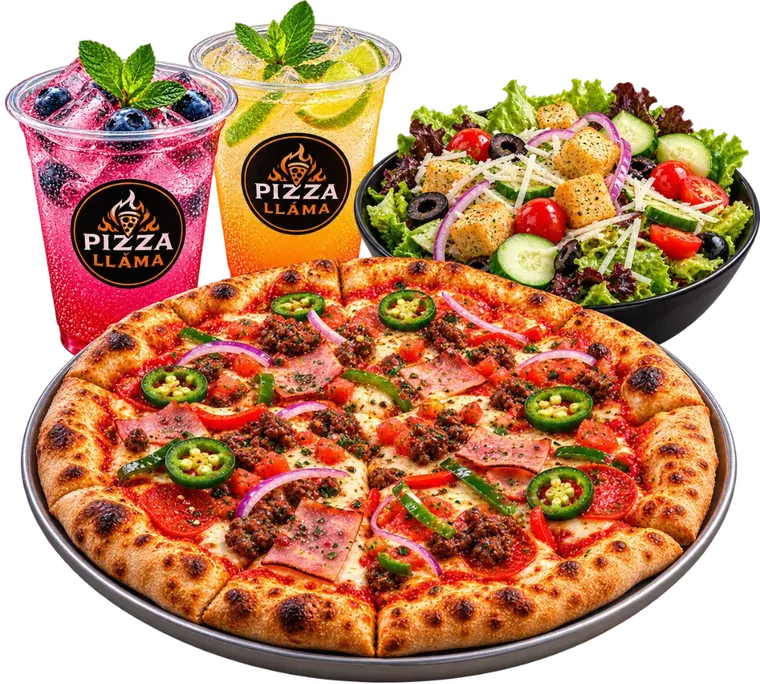 Pizza con dos sodas italianas