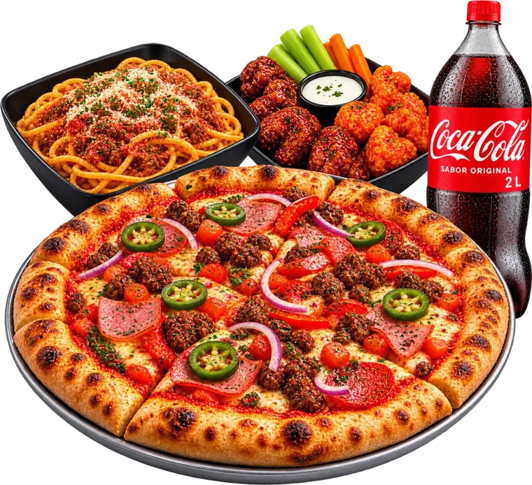 Pizza grande, spaghetti, boneless y refresco de 2 litros