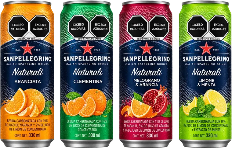 Latas de San Pellegrino de naranja, clementina, granada y limón con menta