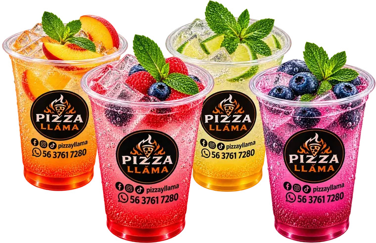 Sodas italianas Amalfi, Roma, Capri y Venecia en vasos de Pizza y Llama
