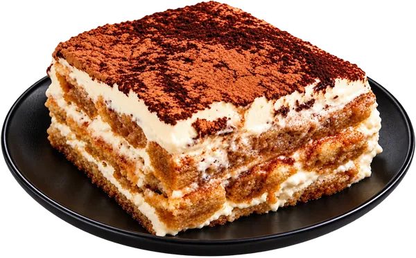 Rebanada de tiramisú con cacao en plato negro