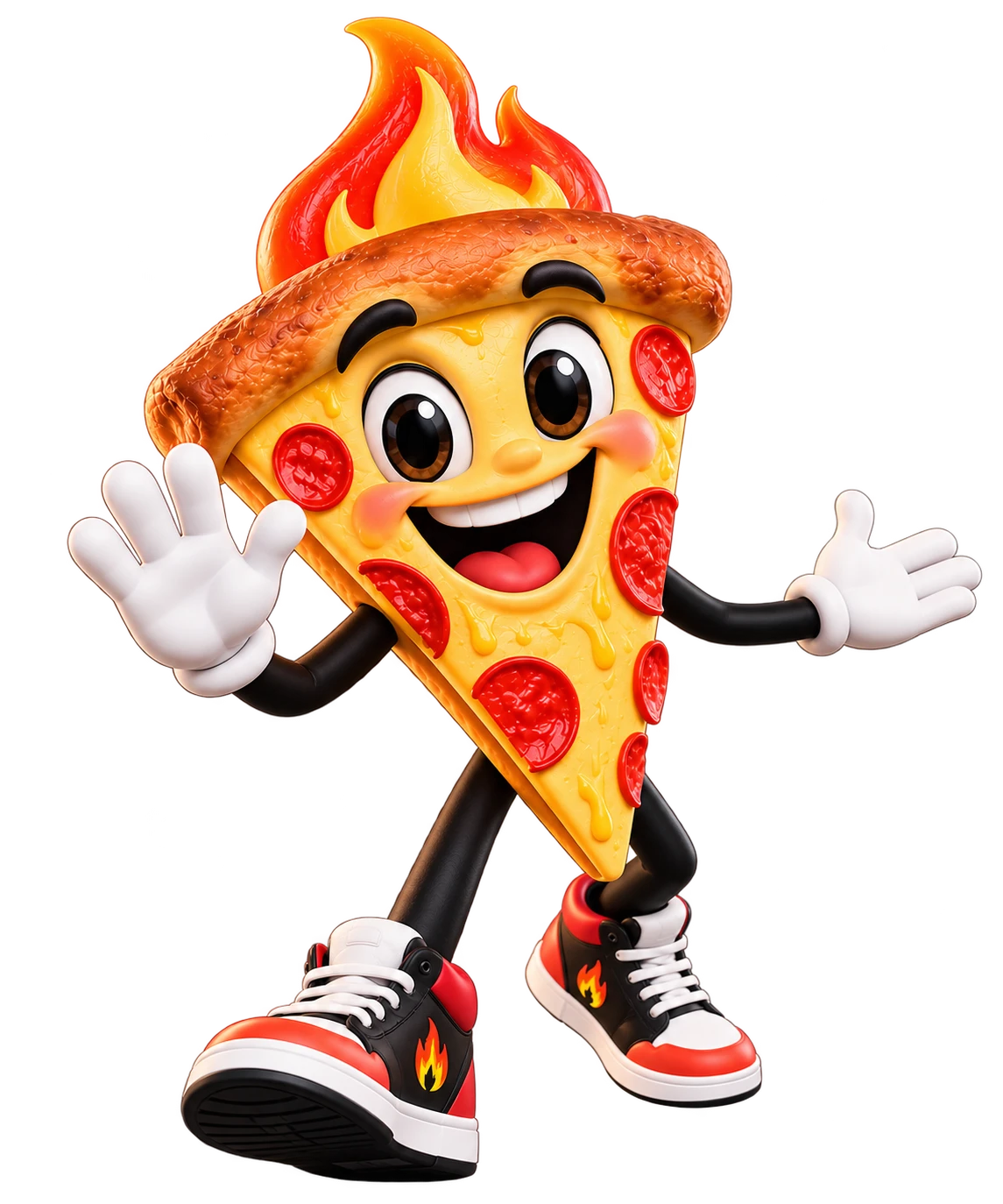 La botarga de Pizza y Llama: una rebanada de pepperoni con flama y tenis, saludando